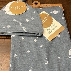 Extra Soft Stretchy Knit Swaddle Blanket and coordinating Hat: Starry Dreams